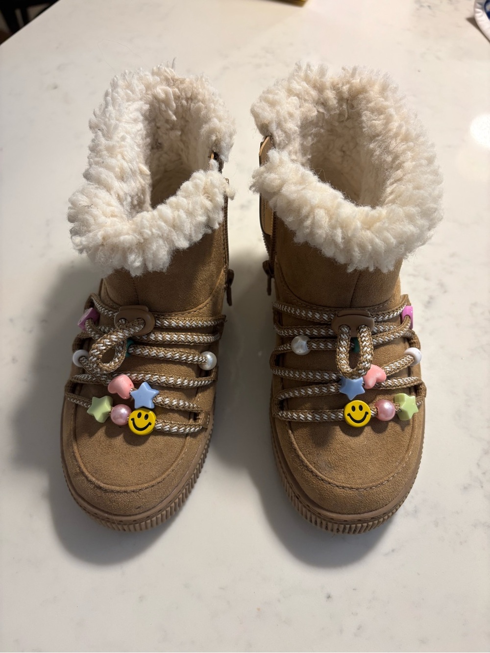 Cat & Jack Tan Faux-Shearling Kids Boot with Colorful Charm Accents